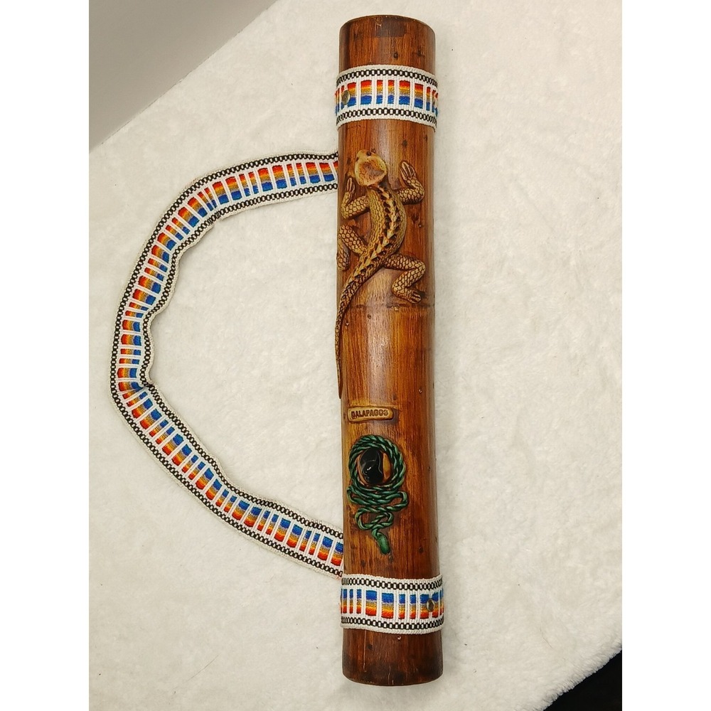 Vintage Hand Carved Bamboo‎ Galapagos Lizard Rainstick Shaker Woven Strap